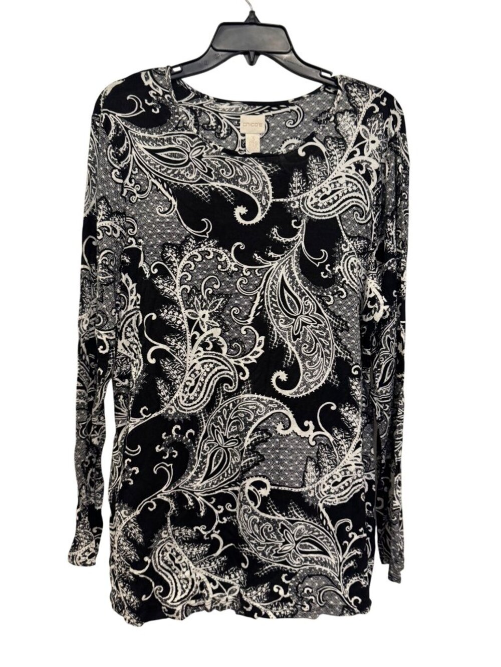 Chicos Black & White Paisley Print Long Sleeve Top Size 3 womens shirt